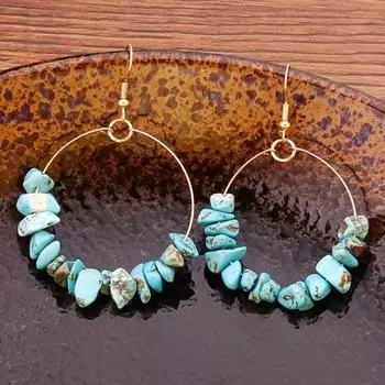 1 пара женских сережек-крючков неправильной формы из натурального камня с гальваническим покрытием, большие круглые уши синий