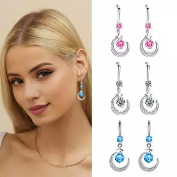 1 пара женских сережек-крючков в форме луны и звезды, полированные серьги-подвески со стразами розовый