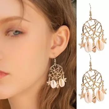 1 пара женских сережек-крючков, звезды, ракушки, ажурные формы «Ловца снов», однотонные, с гальваническим покрытием золотистый