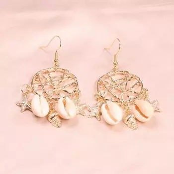 1 пара женских сережек-крючков, звезды, рыбы, ракушки, ажурная форма Ловец снов, сплошной цвет, гальваническое покрытие, антиаллергенные легкие украшения для ушей золотистый