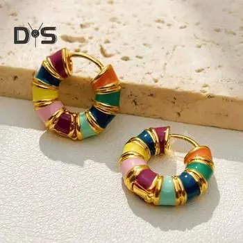 1 пара женских сережек-обручей, винтажные, цветные, капающие, масляные, круглой формы, во французском стиле, полированные, гладкие, для выпускного вечера, украшения для ушей разноцветный