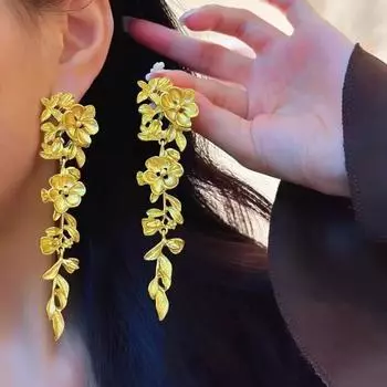 1 пара женских сережек с кисточками и цветком, длинные золотые серьги для выпускного вечера, торжественная вечеринка, преувеличенные стильные украшения для ушей знаменитой актрисы золотистый