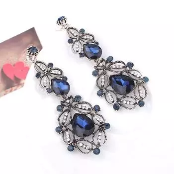 1 пара женских сережек с выдолбленными стразами и декором, длинные висячие серьги синий