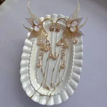 1 пара женских сережек, серьги-каффы в виде сказочных плавников русалки, украшение в виде крыльев бабочки на Хэллоуин, Рождество, косплей, серьги-крылья феи золотистый