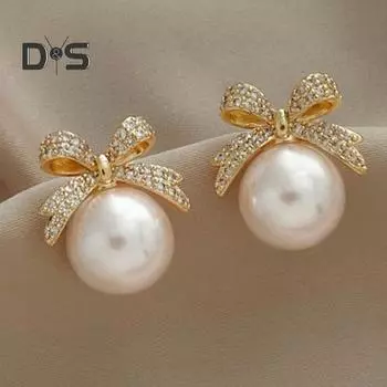 1 пара женских сережек со стразами и бантом, искусственный жемчуг, серьги-гвоздики, пирсинг, ювелирные изделия, аксессуары золотистый