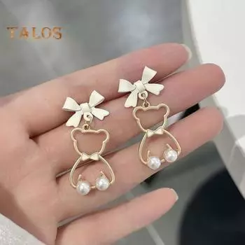 1 пара женских сережек в форме медведя с бантом и искусственным жемчугом, висячие серьги для вечеринок, свиданий, выпускного вечера, серьги-украшения A