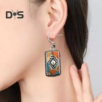 1 пара женских сережек в стиле бохо, винтажные висячие серьги в этническом стиле, искусственная бирюза, продолговатые серьги-крючки, выпускные, повседневные, дорожные, украшения для ушей разноцветный