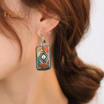 1 пара женских сережек в стиле бохо, винтажные висячие серьги в этническом стиле, искусственная бирюза, продолговатые серьги-крючки, выпускные, повседневные, дорожные, украшения для ушей разноцветный