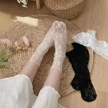 1 пара женских сексуальных кружевных цветочных ультратонких прозрачных летних носков в японском стиле с ажурной сеткой, длинные носки в стиле Харадзюку в стиле ретро Kawaii one size телесный