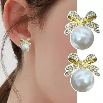 1 пара женских сверкающих стразов из искусственного жемчуга с бантом, декор, серьги-капли, ювелирные изделия, подарок золотистый