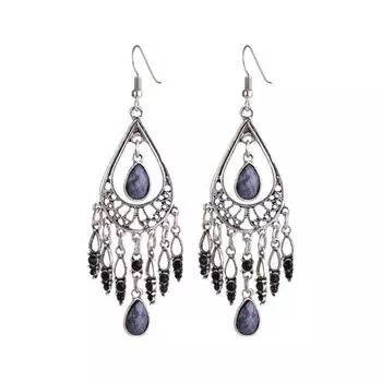 1 пара женских винтажных полых серег с крючками в этническом стиле, увеличенные серьги со стразами в форме капли воды серый