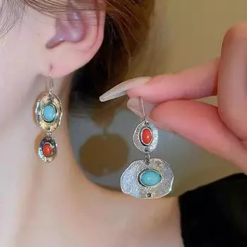 1 пара женских висячих серег, двухслойные гладкие серьги неправильной формы, в стиле ретро, в этническом стиле, соответствующие цветам, женские серьги-крючки, висячие серьги