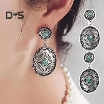 1 пара женских висячих серег в этническом стиле круглой формы в стиле ретро, богемный стиль, искусственная бирюза, украшение для ушей из нержавеющей сплава, ювелирные изделия, длинные висячие серьги синий