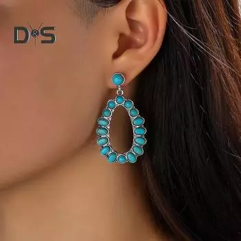 1 пара женских висячих сережек геометрической формы в стиле ретро, богемный стиль, искусственная бирюза, украшение для ушей из нержавеющей сплава, ювелирные изделия, длинные висящие синий