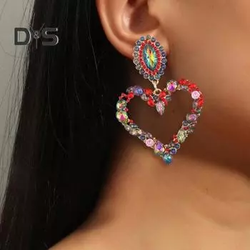 1 пара женских висячих сережек с большим полым сердцем, цветной декор из страз, преувеличенные серьги для вечеринок, клубов, свиданий, висячие серьги, украшения для ушей белый