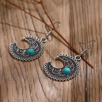 1 пара женских висячих сережек в этническом стиле в форме полумесяца, ретро богемный стиль, искусственная бирюза, украшение для ушей из нержавеющей сплава, ювелирные изделия, длинные висячие серьги синий