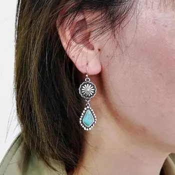 1 пара женских висячих сережек в стиле ретро, противоаллергические, в богемном стиле, в форме цветка, камня, с гальваническим покрытием, искусственная бирюза, украшения для ушей, длинные для выпускного вечера синий