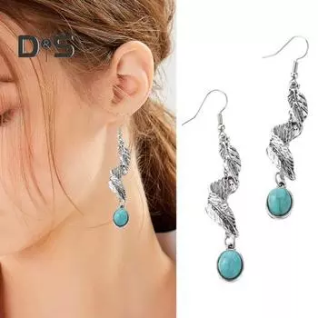 1 пара женских висячих сережек в стиле ретро, противоаллергические, в богемном стиле, в форме закрученного пера, с гальваническим покрытием, искусственная бирюза, ювелирные изделия для ушей, длинный крючок для выпускного вечера синий