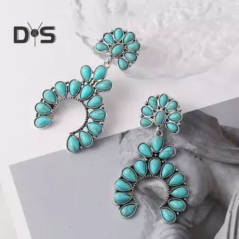 1 пара женских висячих сережек в стиле ретро, противоаллергические, в богемном стиле, в форме цветка, с гальваническим покрытием в стиле вестерн, искусственная бирюза, ювелирные изделия для ушей, выпускной вечер, длинная капля синий