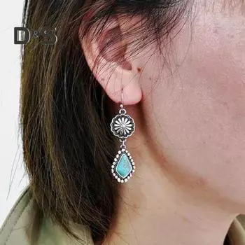 1 пара женских висячих сережек в стиле ретро, противоаллергические, в богемном стиле, в форме цветка, в форме камня, с гальваническим покрытием, искусственная бирюза, ювелирные изделия для ушей, длинный крючок для выпускного вечера синий