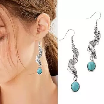 1 пара женских висячих сережек в стиле ретро, противоаллергические, в богемном стиле, в форме закрученного пера, с гальваническим покрытием, искусственная бирюза, ювелирные изделия для ушей, длинные для выпускного вечера синий