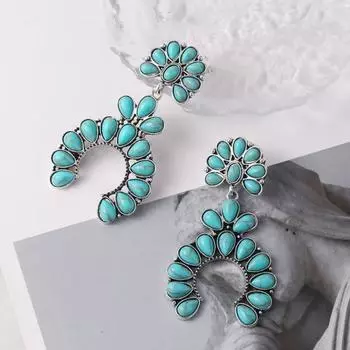 1 пара женских висячих сережек в стиле ретро, противоаллергические, в богемном стиле, в форме цветка, с гальваническим покрытием в стиле вестерн, искусственная бирюза, ювелирные изделия для ушей, длинные для выпускного вечера синий