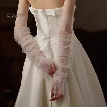 1 пара женских выпускных нарукавников с прозрачным кружевом и искусственным жемчугом, с тонкими оборками и складками, без пальцев, в литературном стиле, для выступлений, для невесты, для свадебных фотосессий белый