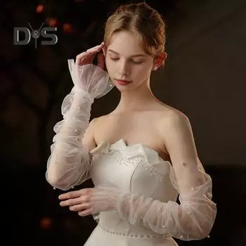 1 пара женских выпускных нарукавников с прозрачным кружевом и искусственным жемчугом, с тонкими оборками и складками, без пальцев, в литературном стиле, для выступлений, для невесты, для свадебных фотосессий белый