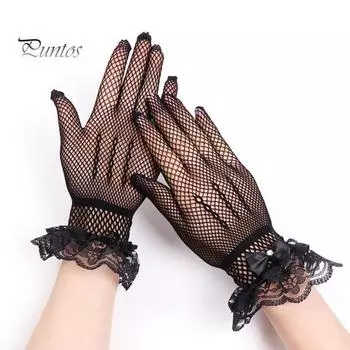 1 пара женских выпускных перчаток, прозрачные кружевные банты, декор из искусственного жемчуга, ажурные сетчатые оборки, тонкие, с полным пальцем, для выступлений, для невесты, свадебные перчатки чёрный