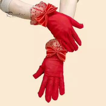 1 пара женских выпускных перчаток, прозрачные кружевные перчатки с бантом, ажурные ажурные оборки, тонкие, с полным пальцем, для выступлений, для невесты, свадебные перчатки красный