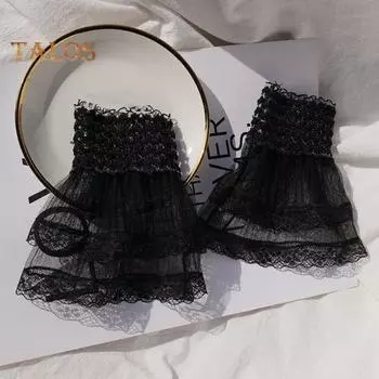 1 пара женских выпускных перчаток, прозрачные кружевные ажурные оборки, тонкие манжеты на запястье, без пальцев, для выступлений, невесты, свадебные варежки белый