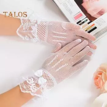 1 пара женских выпускных перчаток, прозрачные кружевные банты, декор из искусственного жемчуга, ажурные сетчатые оборки, тонкие, с полным пальцем, для выступлений, для невесты, свадебные перчатки чёрный