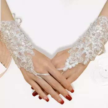 1 пара женских выпускных перчаток с прозрачным кружевным цветочным узором и искусственным жемчужным декором без пальцев