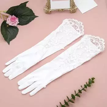 1 пара женских выпускных перчаток с прозрачным кружевным цветочным узором на пять пальцев для оперных выступлений слоновая кость