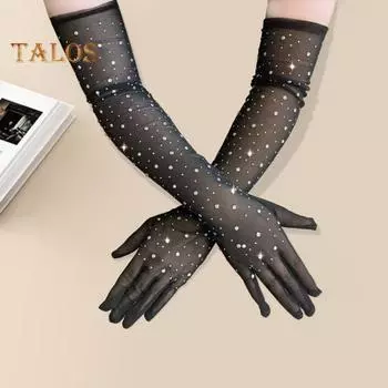 1 пара женских выпускных рукавов с прозрачной сеткой и стразами, ультратонкие манжеты без пальцев для выступлений, свадебных фотосессий чёрный