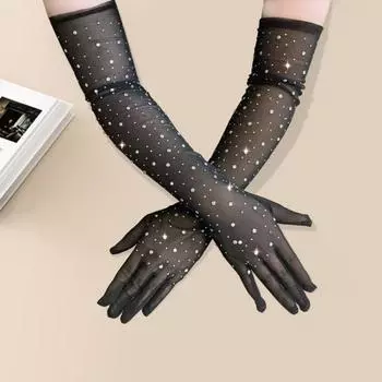 1 пара женских выпускных рукавов с прозрачной сеткой и стразами, ультратонкие, без пальцев