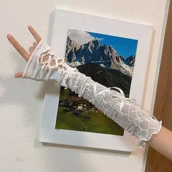 1 пара женских выпускных рукавов с прозрачным кружевом и цветочной вышивкой, тонкие, без пальцев, в стиле Лолиты, с ажурными сборками, для выступлений, для невесты, свадебное фото белый