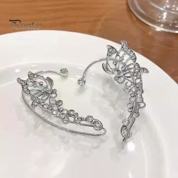 1 пара женских выпускных сережек-каффов, не прокалываемых, серьги-клипсы в форме крыльев бабочки со стразами, противоскользящие, легкие, для невесты, для свадебной вечеринки, коктейля серебряный