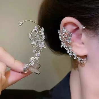 1 пара женских выпускных сережек-каффов, непрокалываемых сережек-клипс, серьги-крылья бабочки со стразами, противоскользящие, легкие серьги для невесты серебряный