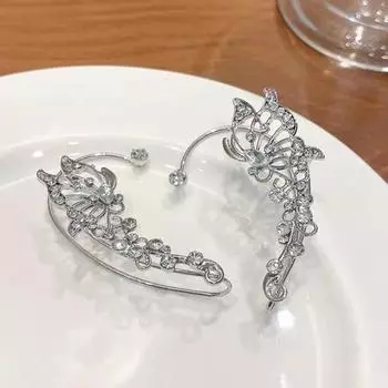 1 пара женских выпускных сережек-каффов, непрокалываемых сережек-клипс в форме крыльев бабочки со стразами, противоскользящие, легкие серьги для невесты на вечеринку, коктейль, банкет серебряный