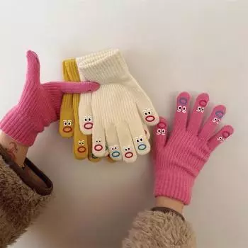 1 пара женских забавных вязаных перчаток с выражением лица, перчатки с полным пальцем, мягкие вязаные крючком варежки, перчатки для вождения с мультяшным выражением лица