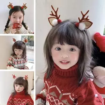 1 пара женских заколок для волос с мультяшным декором из рога, противоскользящая нержавеющая сталь, легкий плюшевый шарик, декор в рождественском стиле, новогодний праздничный подарок для девочек, заколки для волос A