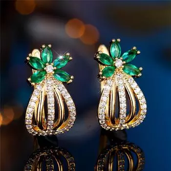1 пара женских зеленых кубических циркониевых цветочных подвесных сережек-капель, роскошные золотые свадебные украшения для вечеринок, подарки зелёный/золотой