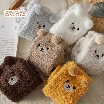1 пара женских зимних нечетких носков из кораллового флиса, утолщенные плюшевые носки с вышивкой медведя, средняя трубка, домашние носки для сна коричневый