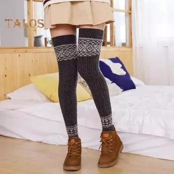 1 пара женских зимних носков для голени из плотного материала с цветными блоками, накидки на ноги выше колена, нескользящие, высокоэластичные, сохраняющие тепло носки чёрный