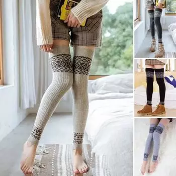 1 пара женских зимних носков для голени из плотного материала с цветными блоками, накидки на ноги выше колена, нескользящие, высокоэластичные, сохраняющие тепло носки чёрный