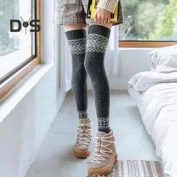 1 пара женских зимних носков для голени из плотного материала с цветными блоками, накидки на ноги выше колена, нескользящие, высокоэластичные, сохраняющие тепло носки светло-серый