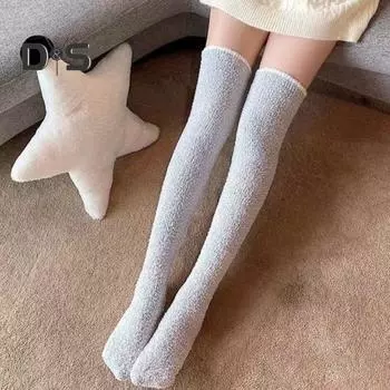 1 пара женских зимних носков из утолщенного кораллового флиса длиной до колена с длинными трубками, высокоэластичные, нескользящие, носки для пола, комфорт, тепло, сон чёрный