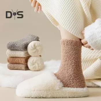 1 пара женских зимних носков из утолщенного кораллового флиса средней длины с высокой эластичностью, нескользящие носки для пола, комфортные и теплые носки для сна темный кофе
