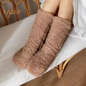 1 пара женских зимних носков средней длины с теплоизоляцией для дома и спальни, однотонные нескользящие трикотажные спортивные носки на каждый день розовый